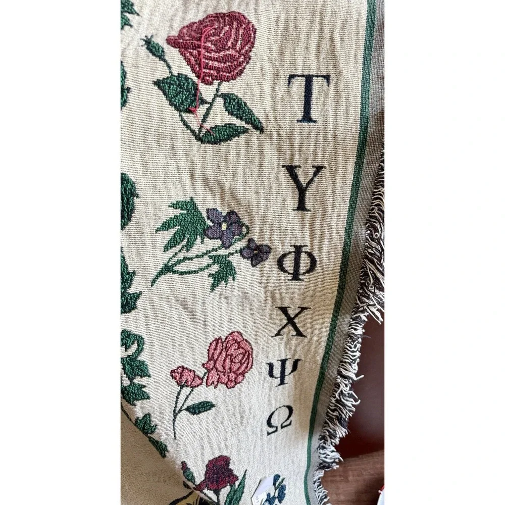 Vintage Panhellenic Sorority Greek Life Woven Tapestry Throw Blanket Fringe Rare
